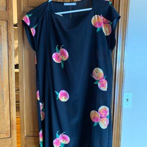 black silk shift with  colorful "pears" design and capped sleeves